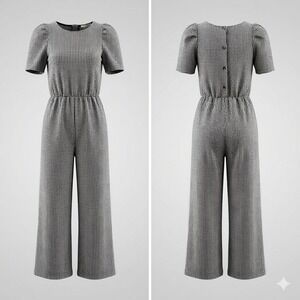 Zara Girls‎ Jumpsuit Houndstooth Wide Leg Size 11-12 Black White Puff Sleeve EUC